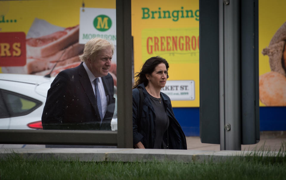 Mayor of London Boris Johnson and his wife Marina arrive at Utility Warehouse in Hendon for a Q&A with Prime Minister David Cameron while on the General Election campaign trail.