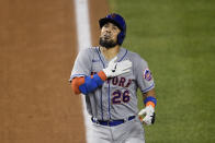 New York Mets' Robinson Chirinos celebrates his two-run home run during the fifth inning of the team's baseball game against the Washington Nationals, Thursday, Sept. 24, 2020, in Washington. (AP Photo/Nick Wass)