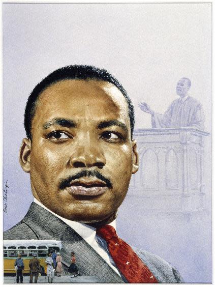 This undated handout image provided by the National Portrait Gallery shows a Watercolor and pencil, done in 1957 by Boris Chaliapin of Rev. Martin Luther King Jr., which is the original artwork for Time magazine's cover in 1957 when King was elevated to the national spotlight and when he was Time's "Man of the Year" for 1963, part of an exhibit at the National Portrait Gallery in Washington focusing on more than 150 years of African-American history from slavery to civil rights and contemporary suburban life. (AP Photo/National Portrait Gallery)