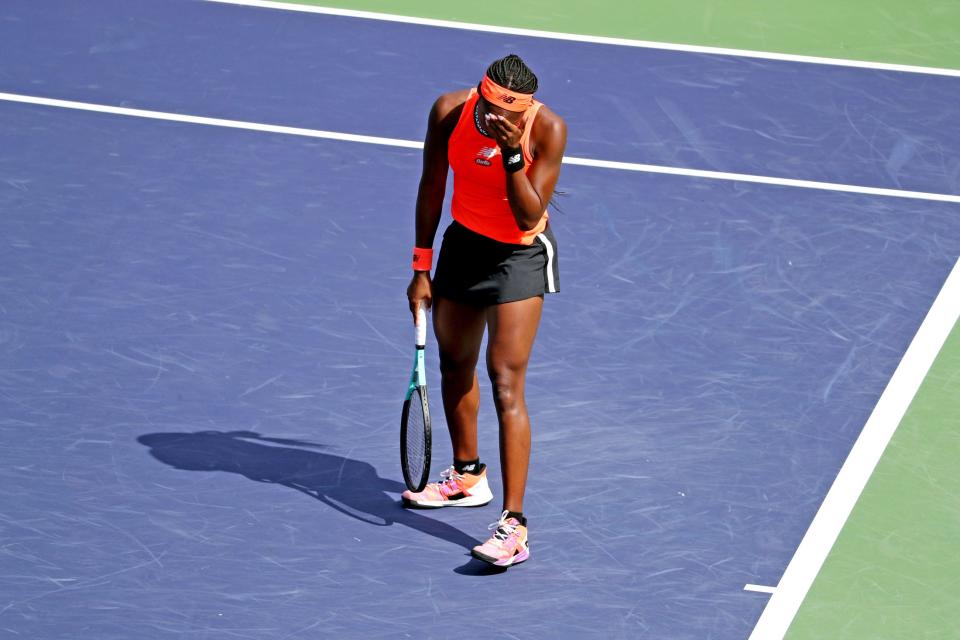 Coco Gauff reacts during her BNP Paribas Open quarterfinal loss to Aryna Sabalenka in Indian Wells, Calif., on Wednesday, March 15, 2023. 