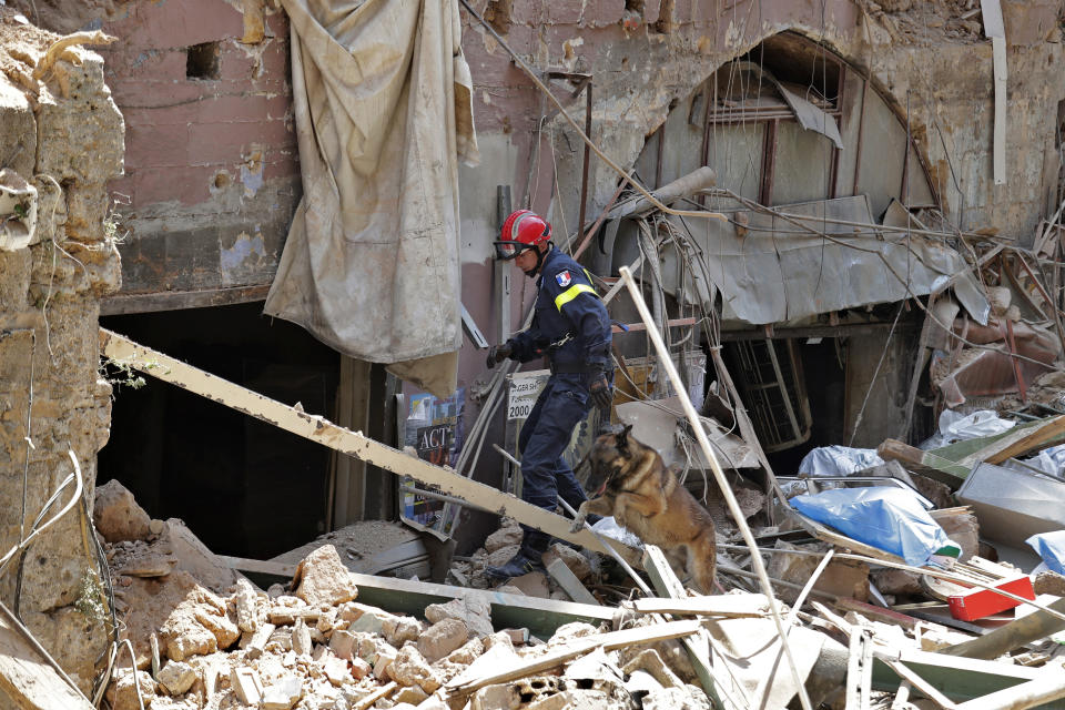 A French fireman and a rescue dog search in the rubble of a building after the Tuesday explosion at the seaport of Beirut, in Beirut, Lebanon, Thursday, Aug. 6, 2020. Lebanese officials targeted in the investigation of the massive blast that tore through Beirut sought to shift blame for the presence of explosives at the city's port, and the visiting French president warned that without serious reforms the country would "continue to sink." (AP Photo/Hassan Ammar)