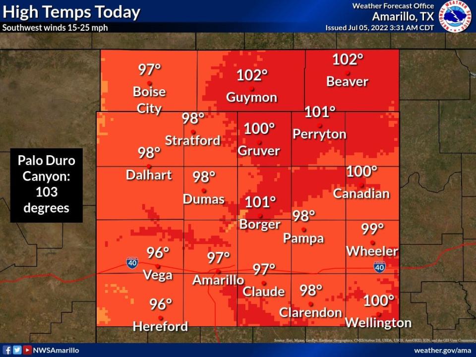 Amarillo Temperatures expected to be in 90's to low 100's with Palo Duro Canyon reaching around 103 degrees Tuesday afternoon the public is asked to avoid hiking in the afternoon hours and take plenty of water.