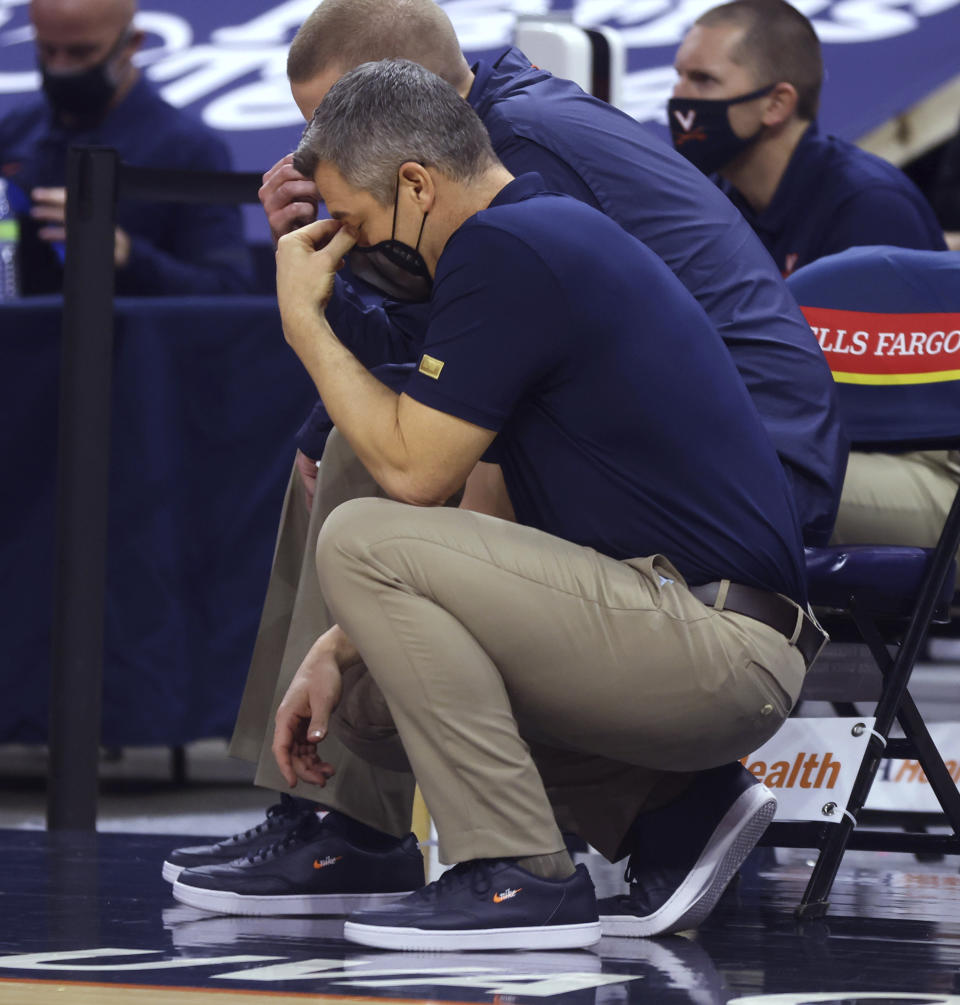 Virginia coach Tony Bennett reacts to a play during the team's NCAA college basketball game against North Carolina State on Wednesday, Feb. 24, 2021, in Charlottesville, Va. (Andrew Shurtleff/The Daily Progress via AP, Pool)