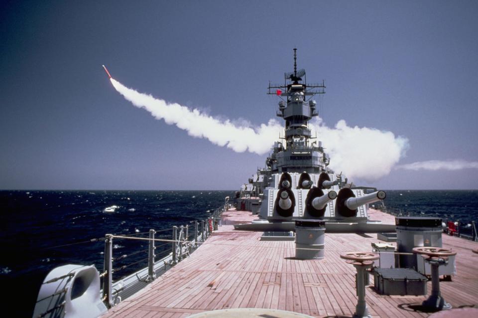 A BGM-109 Tomahawk long-range cruise missile is launched from the battleship USS Missouri.
