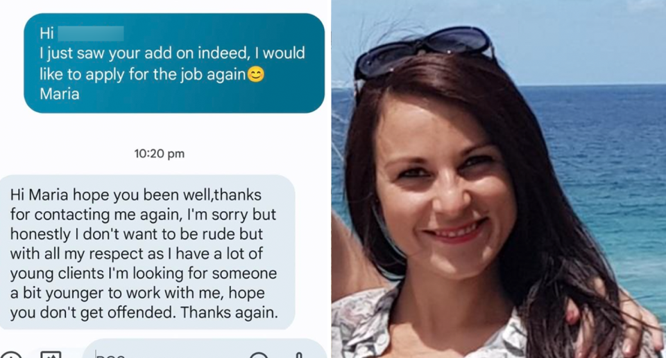 Left, the employer turned Maria Nielsen (right) down for the job via text message (left). 