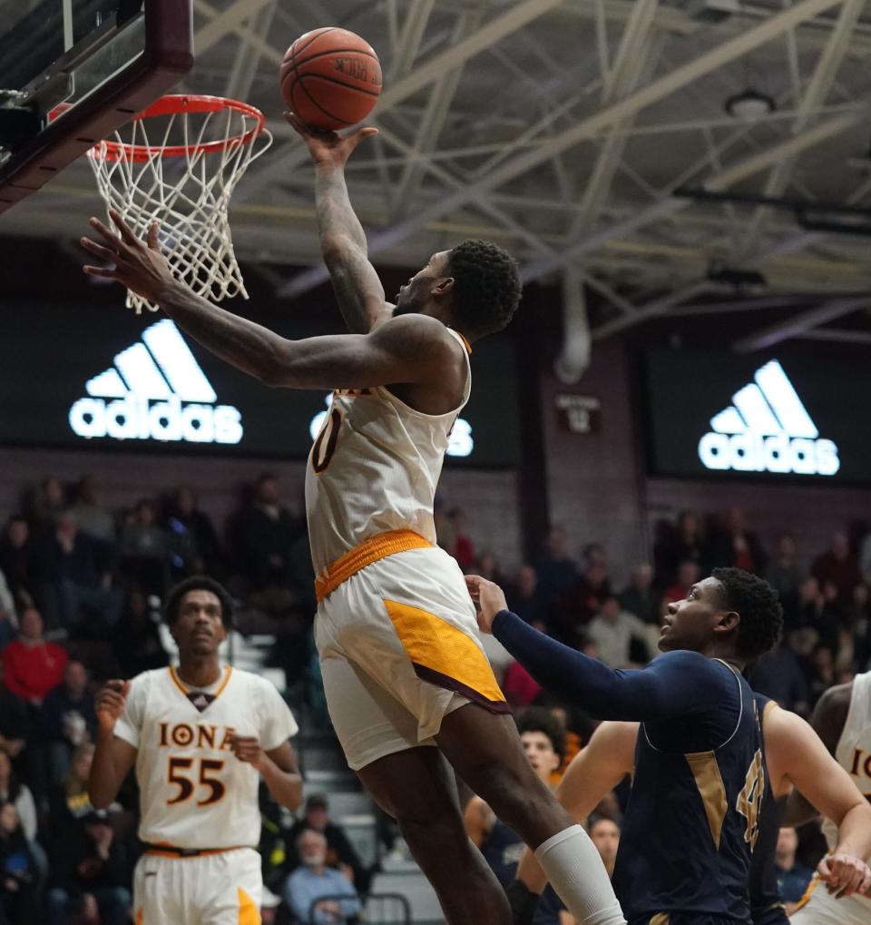 Iona University's Berrick Jeanlouis (0) puts up a shot as Iona hosts Mount St. Mary in men's basketball at Iona University in New Rochelle on Friday, February 3, 2023. 