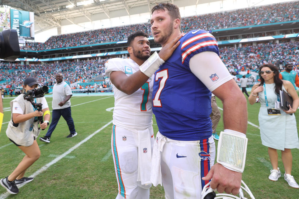 Tua Tagovailoa #1 of the Miami Dolphins and Josh Allen #17 of the Buffalo Bills have been big fantasy stars