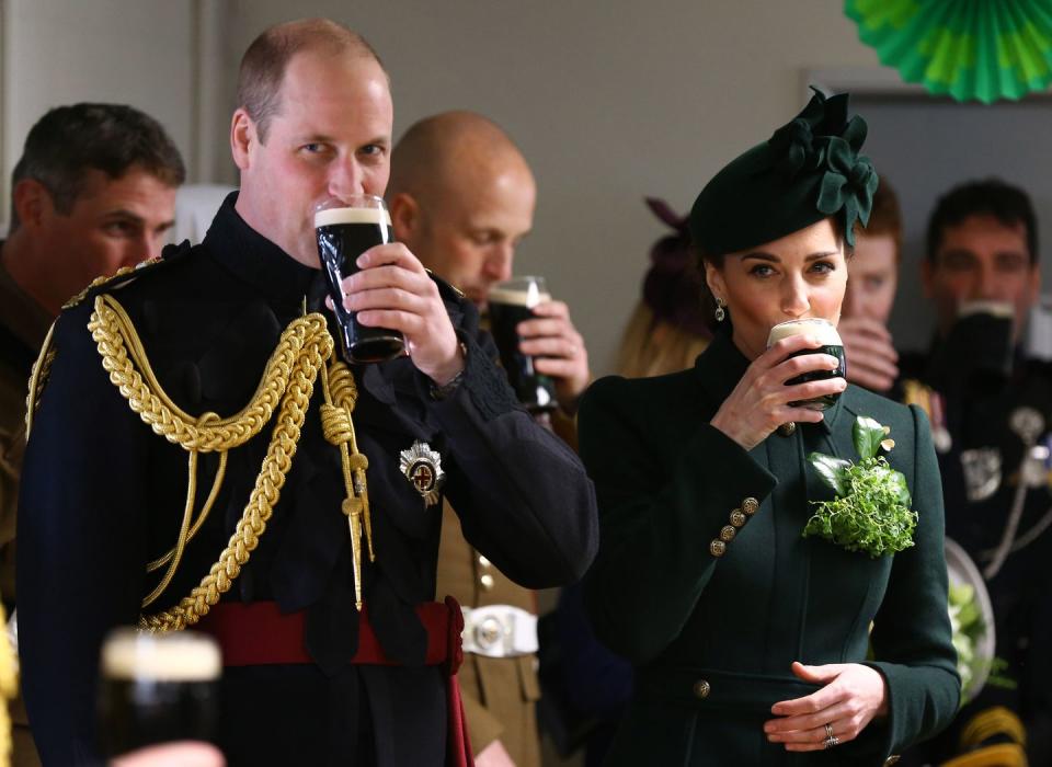 <p>Didn't anyone tell you it's rude to refuse a beer in Ireland? Well, apparently William and Kate are privy to this custom, as they both took big gulps of the pint they were offered during a St. Patrick's Day celebration in 2019.</p>