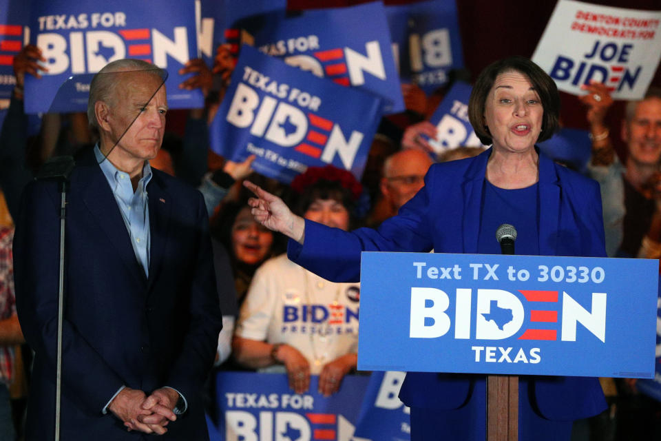 FILE - In this Monday, March 2, 2020, file photo, Sen. Amy Klobuchar, D-Minn., endorses Democratic presidential candidate and former Vice President Joe Biden at a campaign rally in Dallas. On Thursday, June 18, 2020, Klobuchar announced she is dropping out of vice presidential contention and urging Biden to select a woman of color instead. (AP Photo/Richard W. Rodriguez, File)