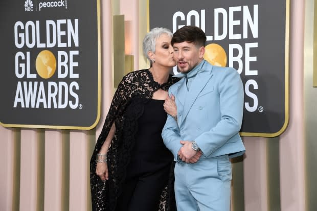 BEVERLY HILLS, CALIFORNIA - JANUARY 10: 80th Annual GOLDEN GLOBE AWARDS -- Pictured: (L-R) Jamie Lee Curtis and Barry Keoghan arrive to the 80th Annual Golden Globe Awards held at the Beverly Hilton Hotel on January 10, 2023 in Beverly Hills, California. -- (Photo by Kevork Djansezian/NBC via Getty Images)<p><a href="https://www.gettyimages.com/detail/1455602564" rel="nofollow noopener" target="_blank" data-ylk="slk:Kevork Djansezian/NBC/Getty Images;elm:context_link;itc:0;sec:content-canvas" class="link ">Kevork Djansezian/NBC/Getty Images</a></p>