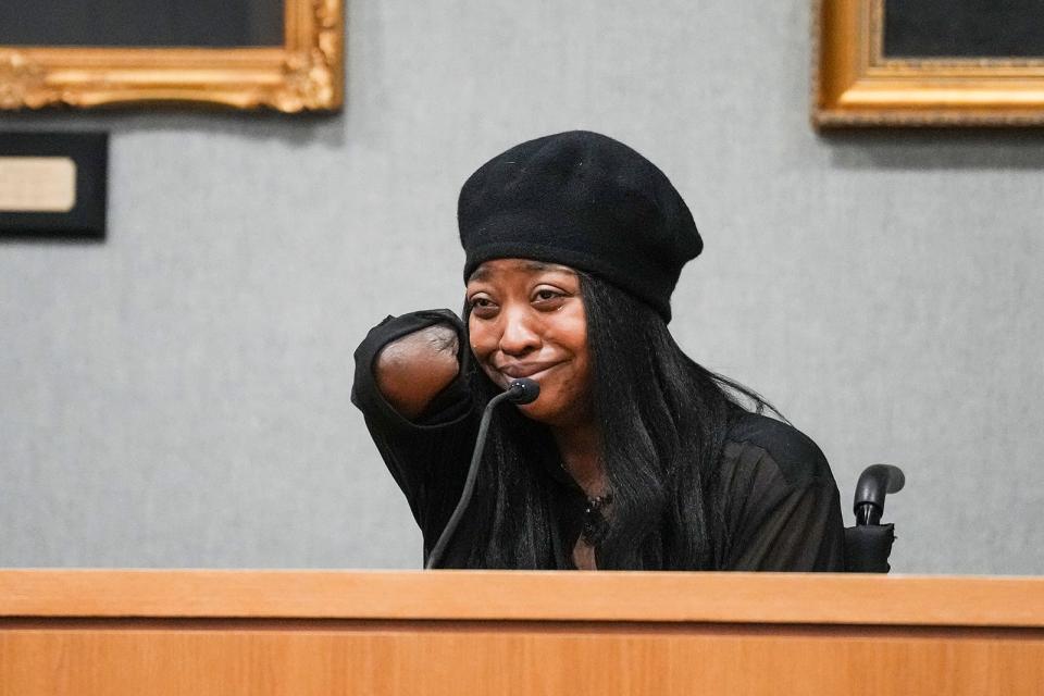 Whitney Mitchell, wife of slain protester Garrett Foster, describes in court Tuesday how difficult her life has been since he was fatally shot in downtown Austin in 2020. Foster was the primary caregiver for Mitchell, who is quadriplegic.