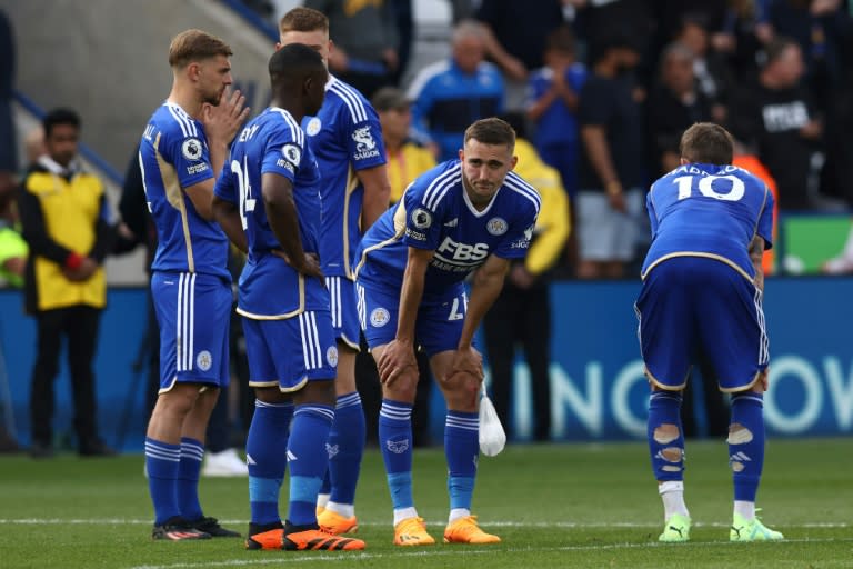 <a class="link " href="https://sports.yahoo.com/soccer/teams/leicester-city/" data-ylk="slk:Leicester;elm:context_link;itc:0">Leicester</a> players react to their relegation from the Premier League