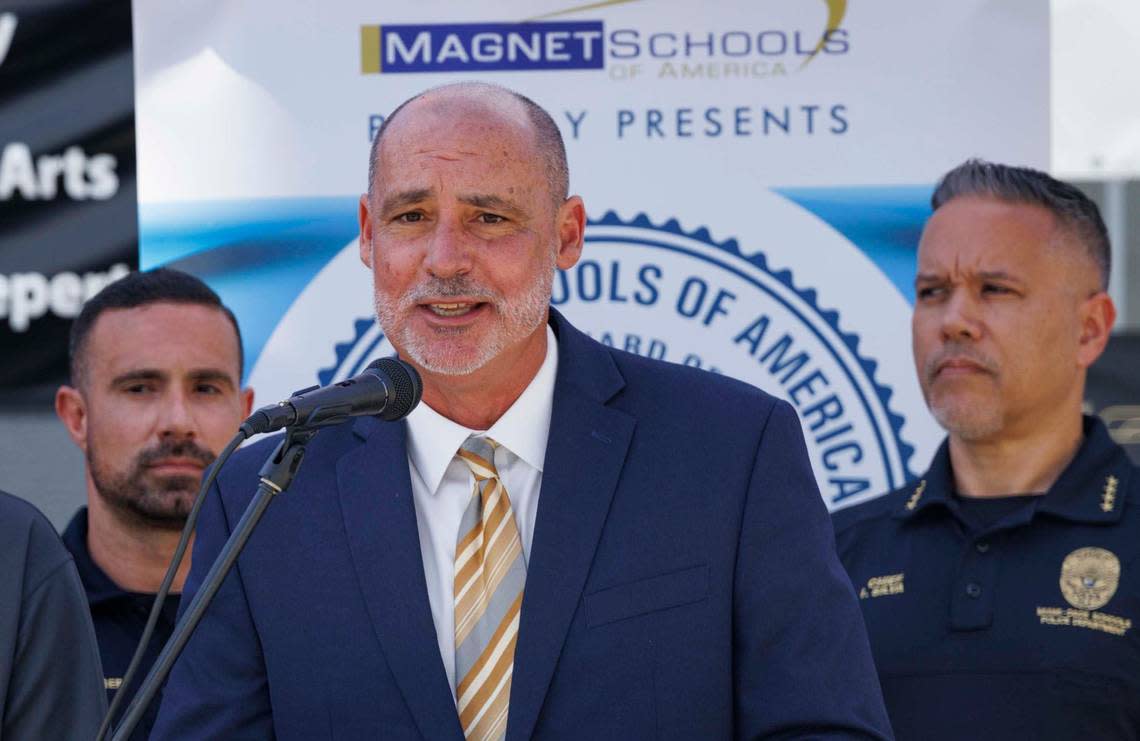 Luis Diaz, chief operations officer for Miami-Dade Public Schools, speaks during a press conference about a new bus stop-arm camera enforcement program at Dr. Michael M. Krop Senior High School.