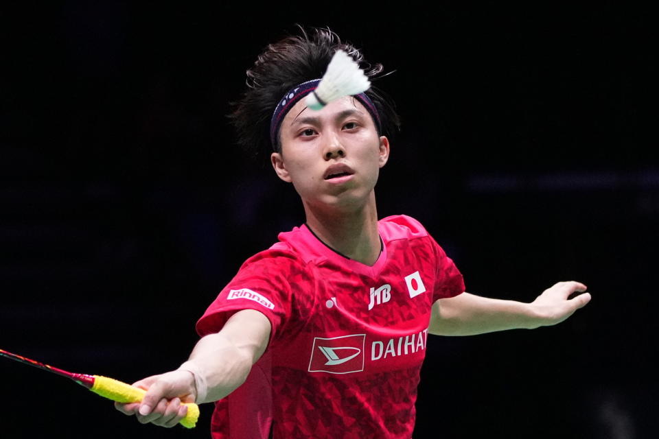 Japan's Kodai Naraoka in action during the men's final singles badminton match against Thailand's Kunlavut Vitidsarn of the BWF World Championship, at the Royal Arena, in Copenhagen, Denmark, Sunday, Aug. 27, 2023. (Mads Claus Rasmussen/Ritzau Scanpix via AP)