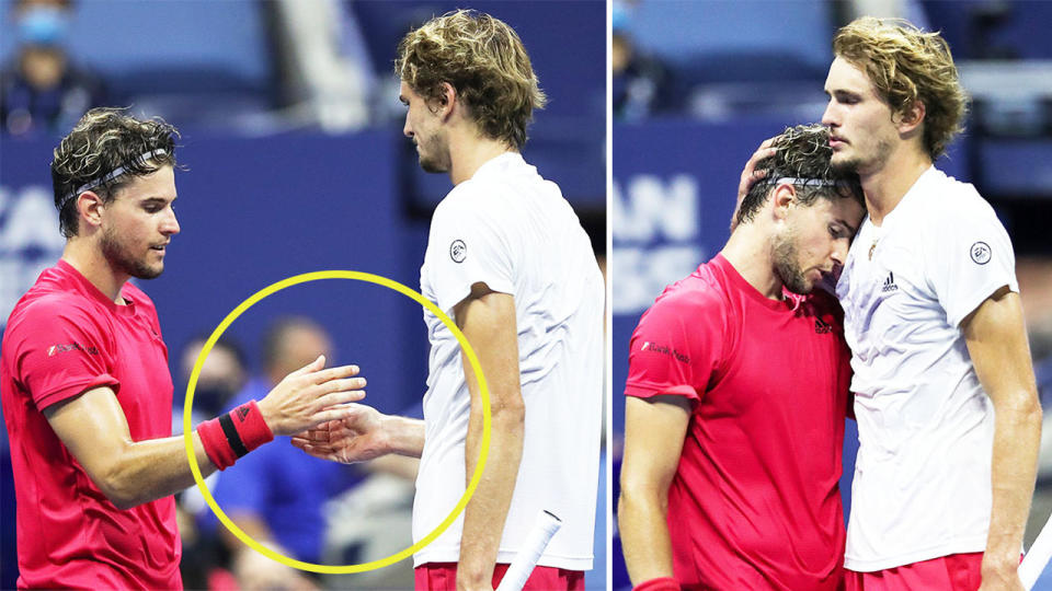 Alexander Zverev (pictured in white) sharing a special handshake with Dominic Thiem (pictured in red) after the US Open Final.