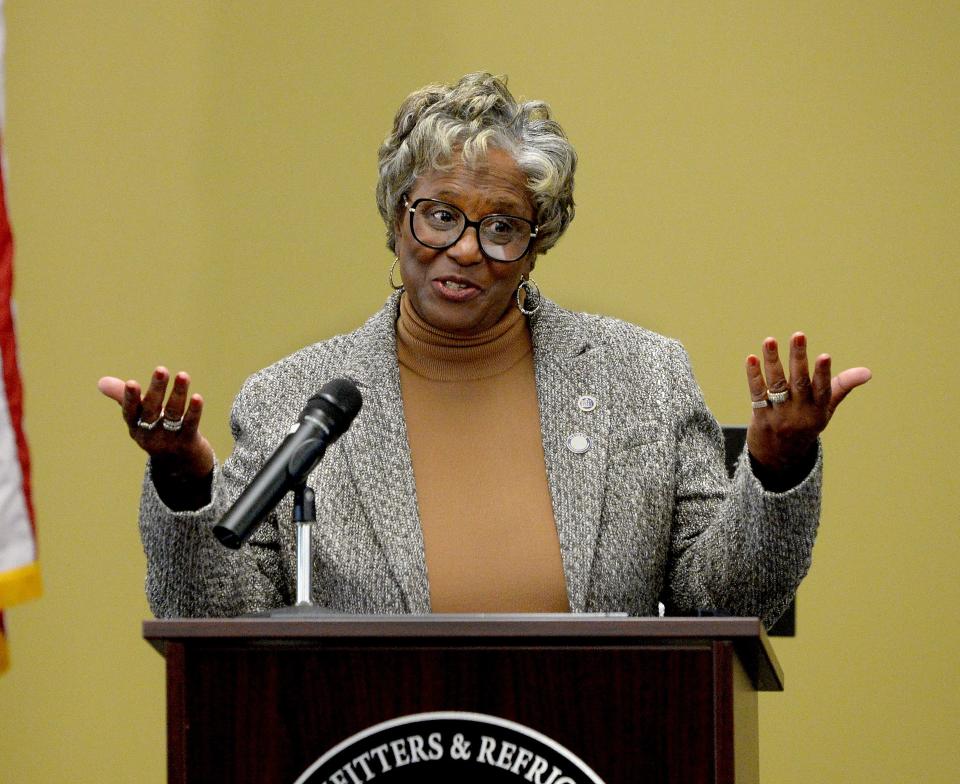 State Sen. Doris Turner, D-Springfield, speaks before a ceremonial swearing-in of U.S. Rep. Nikki Budzinski (D-IL. 13 District) at Pipefitters Hall Saturday Jan. 21, 2023.