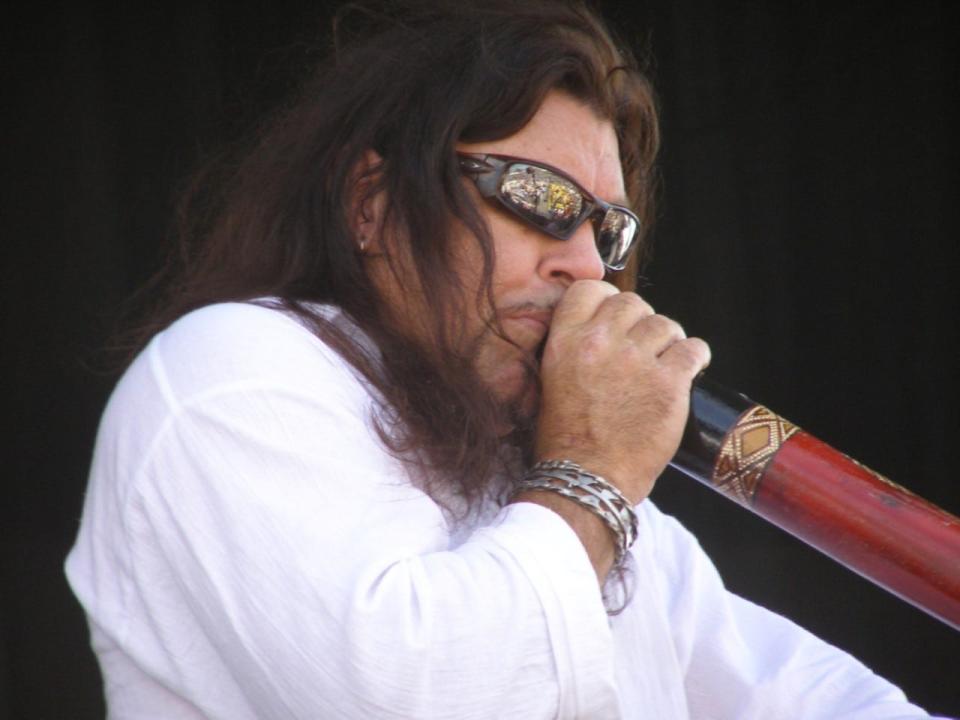 Veteran musician Peter Harper adds the didgeridoo, a wind instrument created by the aboriginal people of Australia, to his blues music.