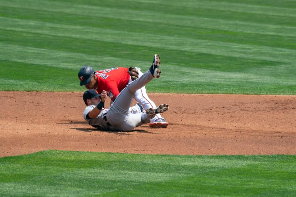 Minnesota Twins second baseman Jorge Polanco (11) steals second base during the second inning against the Detroit Tigers at Target Field on Sunday July 11, 2021.
