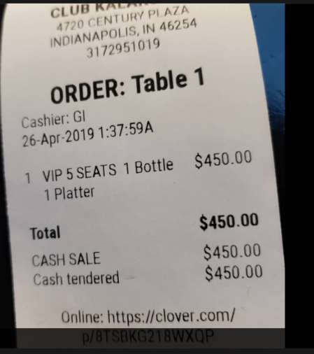 IMPD detectives reviewed the Club Kalakutah's Facebook page and found photographs of receipts, including this one, that did not show any sales tax being charged to customers.