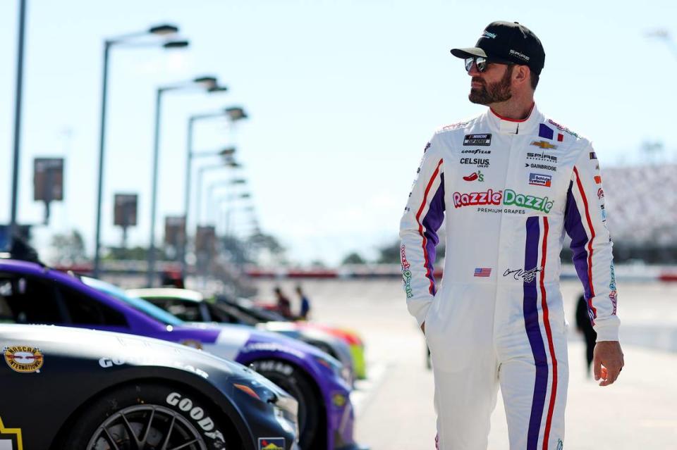 Corey LaJoie (7) in his throwback “Razzle Dazzle” firesuit during practice for the Goodyear 400 in Darlington, S.C., at Darlington Raceway on May 11, 2024.