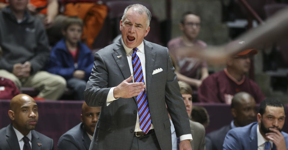 Virginia Tech head coach Mike Young encourages his team in the first half of an NCAA college basketball game against Maryland-Eastern Shore in Blacksburg, Va., Sunday, Dec. 29 2019. (Matt Gentry/The Roanoke Times via AP)