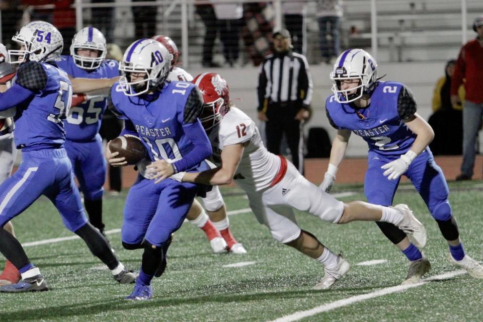 Jim Ned sophomore Brayden Shipman sacks Peaster quarterback Gunner McElroy on Nov. 12. Shipman is the Class 3A All-Big Country Newcomer of the Year.