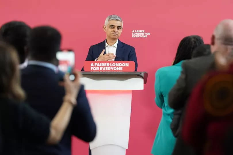 Mayor of London Sadiq Khan at a lectern while launching his re-election campaign in West London