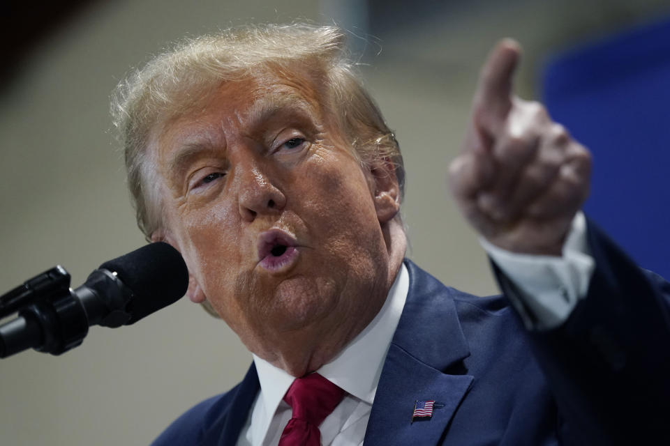 Former President Donald Trump speaks during a commit to caucus rally, Wednesday, Sept. 20, 2023, in Maquoketa, Iowa. (AP Photo/Charlie Neibergall)