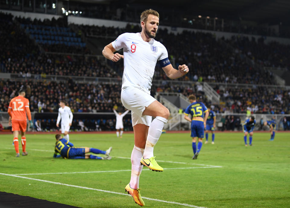 Harry Kane of England celebrates after scoring his team's second goal. (Credit: Getty Images)