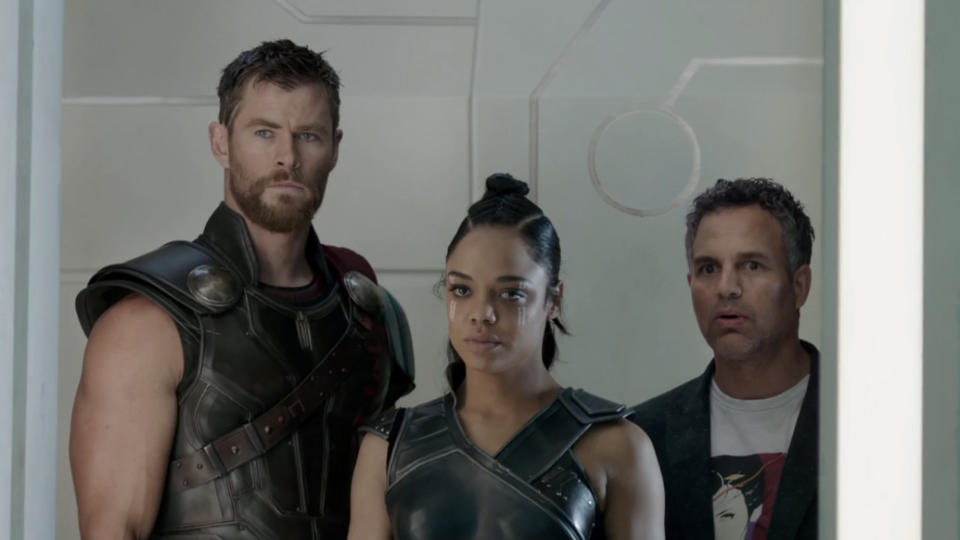 Chris Hemsworth, Tessa Thompson and Mark Ruffalo in 'Thor: Ragnarok'. (Credit: Marvel)