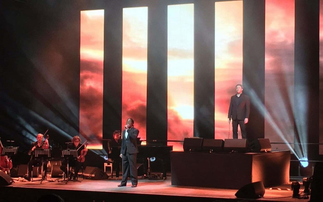 Russell Watson and Hugh Maynard during the press launch for Heaven on Earth in an image tweeted by the church 