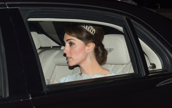 The Duchess of Cambridge in Alexander McQueen and a tiara heading to the annual Diplomatic Reception at Buckingham Palace. 