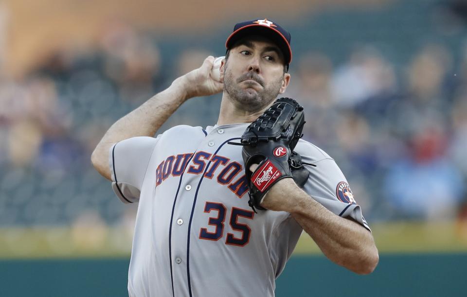 Houston Astros starting pitcher Justin Verlander throws during the first inning of a baseball game against the Detroit Tigers, Wednesday, May 15, 2019, in Detroit. (AP Photo/Carlos Osorio)