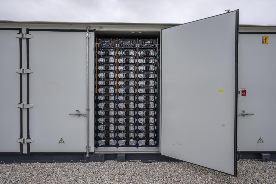 FILE - This photo shows part of a battery energy storage facility in Saginaw, Texas, April 25, 2023, that is owned and operated by Eolian L.P. The Energy Department is making a push to strengthen the U.S. battery supply chain, announcing Wednesday, Nov. 15, 2023, up to $3.5 billion for companies that produce batteries and the critical minerals that go into them. (AP Photo/Sam Hodde, File)