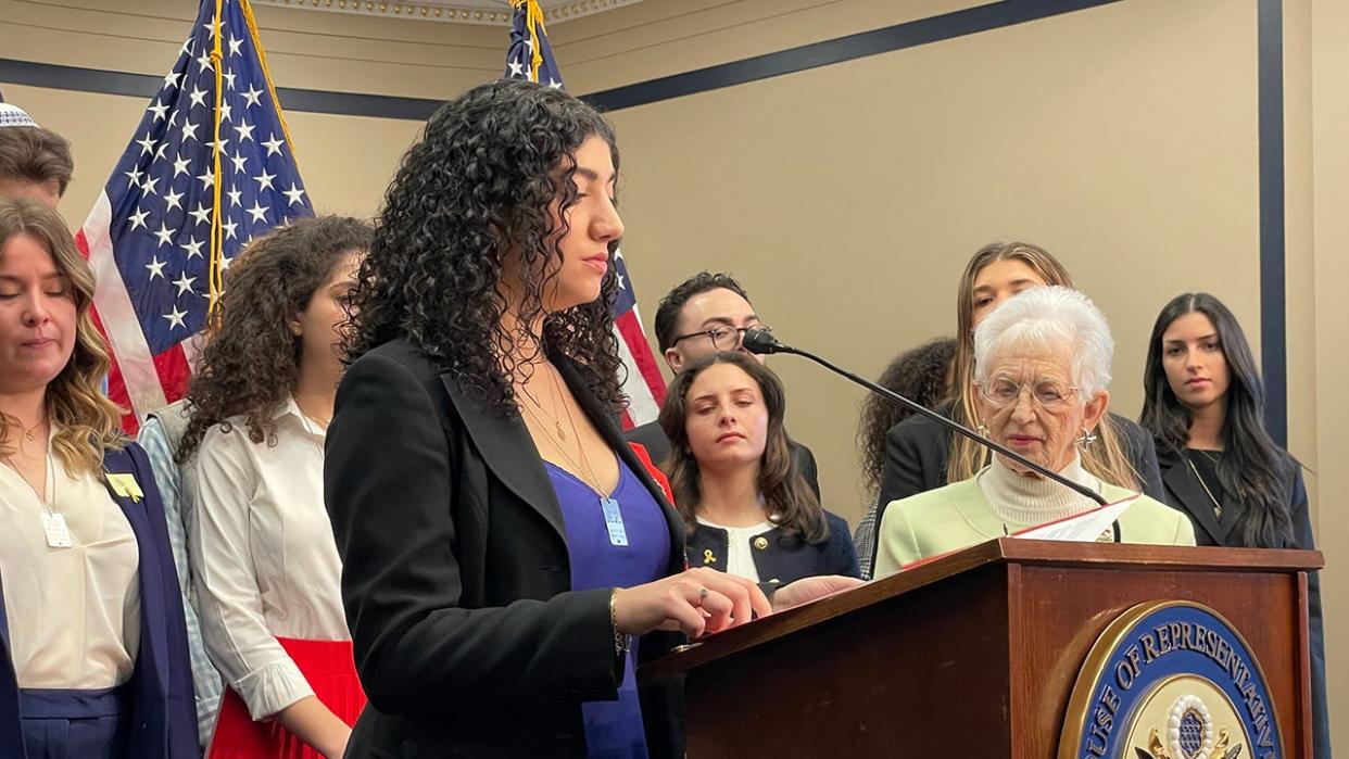 Eden Yadegar speaks at press conference