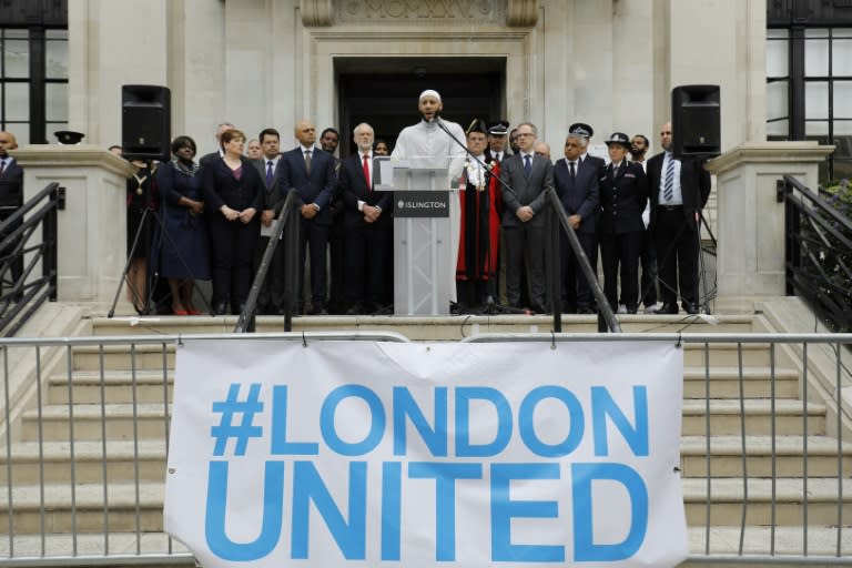 Mohammed Mahmoud, imam at Finsbury Park Mosque speaks on the steps of Islington Town Hall on the anniversary of the attack