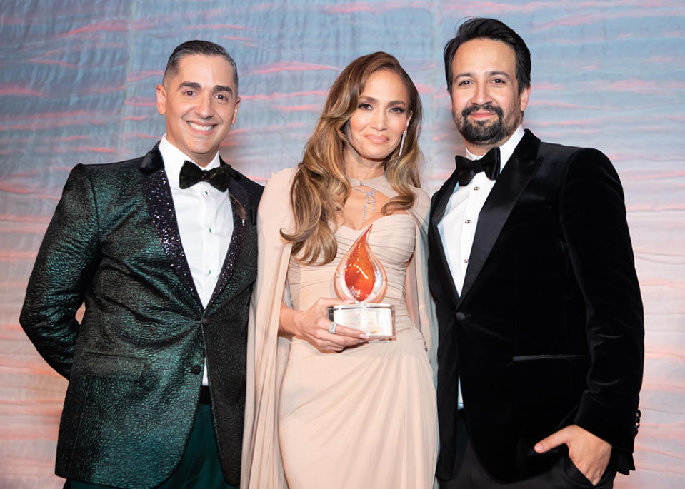 Hispanic Federation President Frankie Miranda, Jennifer Lopez, and Lin-Manuel Miranda