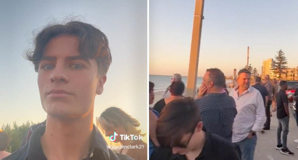 A photo of Adelaide man Jayden Clark who recounted how he and hundreds of others were scammed by a boat party organiser on NYE. Another photo of some of the people left stranded on the beach because of the scam.