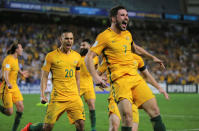 Football Soccer - Australia vs United Arab Emirates - 2018 World Cup Qualifying Asian Zone - Group B - Sydney Football Stadium, Sydney, Australia - 28/3/17 - Australia's Mathew Leckie celebrates his goal against UAE. REUTERS/Steven Saphore