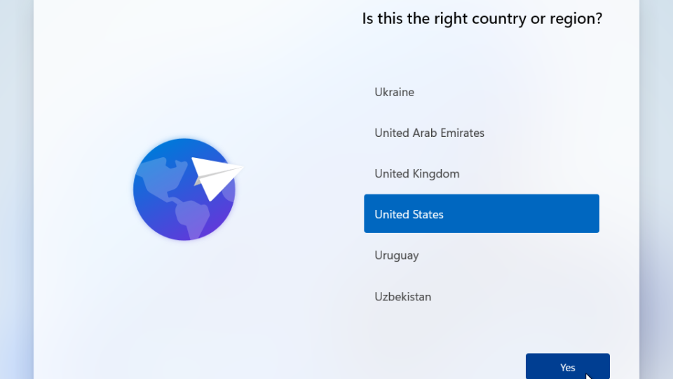 Windows 11 setup screen choosing location