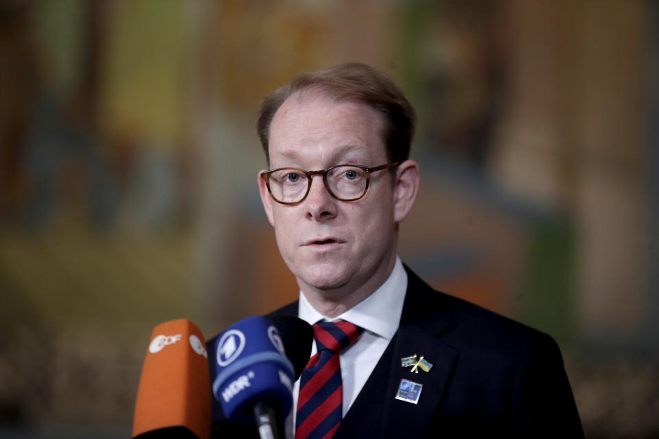 Swedish Foreign Minister Tobias Billström gives a statement to the media, at Oslo City Hall, during a meeting of NATO's foreign ministers in Oslo, Thursday, June 1, 2023. (Hanna Johre/NTB Scanpix via AP)