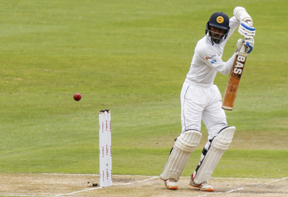 Sri Lanka's Oshada Fernando plays a shot during their third day of the second cricket test at St. George's Park in Port Elizabeth, South Africa between South Africa and Sri Lanka Saturday, Feb. 23, 2019. (AP Photo/Michael Sheehan)