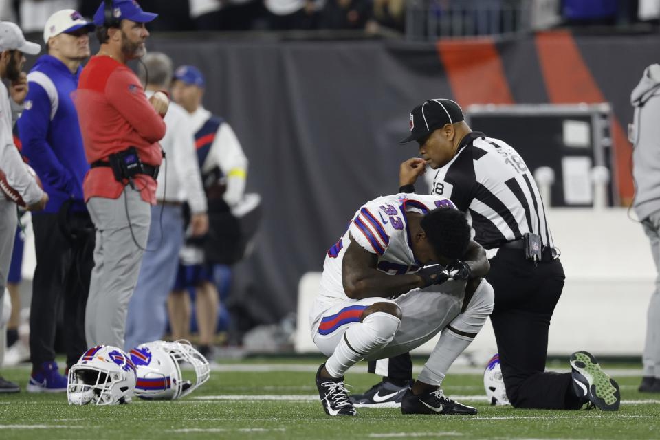 CINCINNATI, OHIO - JANUARY 02: Siran Neal #33 of the Buffalo Bills reacts after teammate Damar Hamlin #3 was injured against the Cincinnati Bengals during the first quarter at Paycor Stadium on January 02, 2023 in Cincinnati, Ohio. (Photo by Kirk Irwin/Getty Images)