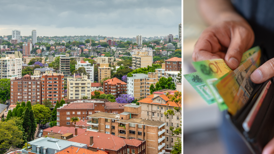 Apartment buildings and property in Sydney, Australia and a person removing $100 notes from a wallet to signify to cost to fix a home loan rate.