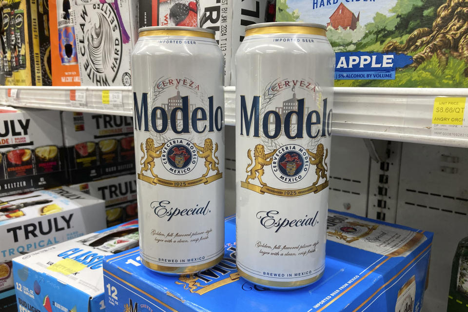 Cans of Modelo Especial beer are shown at a supermarket in New York on Wednesday, June 14, 2023. After more than two decades as America’s best-selling beer, Bud Light has slipped into second place. Modelo Especial, a Mexican lager, overtook Bud Light in U.S. retail dollar sales in the month ending June 3. (AP Photo/Peter Morgan)