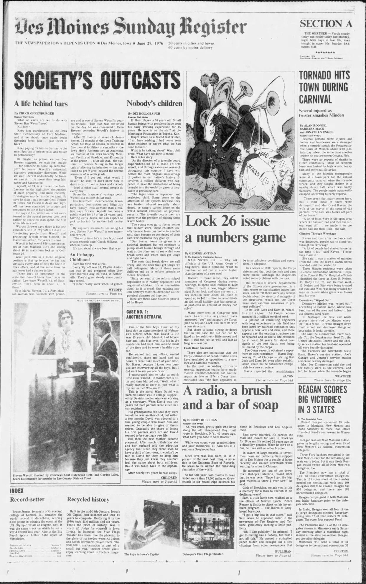 A June 1976 edition of the Des Moines Register reports on a devastating tornado strike on Minden. The town was struck again during April 26 storms, suffering severe damage.