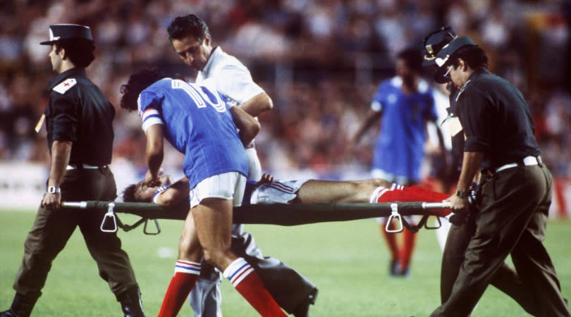 <p> It was arguably the most blatant red card a World Cup has ever seen and yet, somehow, Germany goalkeeper Harold Schumacher was allowed to remain on the pitch in the 1982 semi-final. </p> <p> France&#x2019;s Patrick Battiston was left knocked unconscious with two missing teeth, three cracked ribs and damaged vertebrae from the goalie&apos;s reckless &apos;tackle&apos;, yet the referee waved play on and no foul was given. </p>