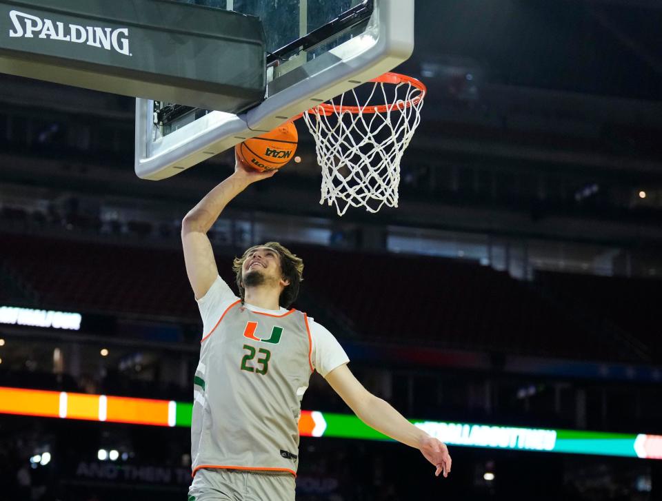 Miami Hurricanes forward Danilo Jovanovich (23) during a practice session March 31, 2023, the day before the Final Four of the 2023 NCAA Tournament at NRG Stadium in Houston, Texas.