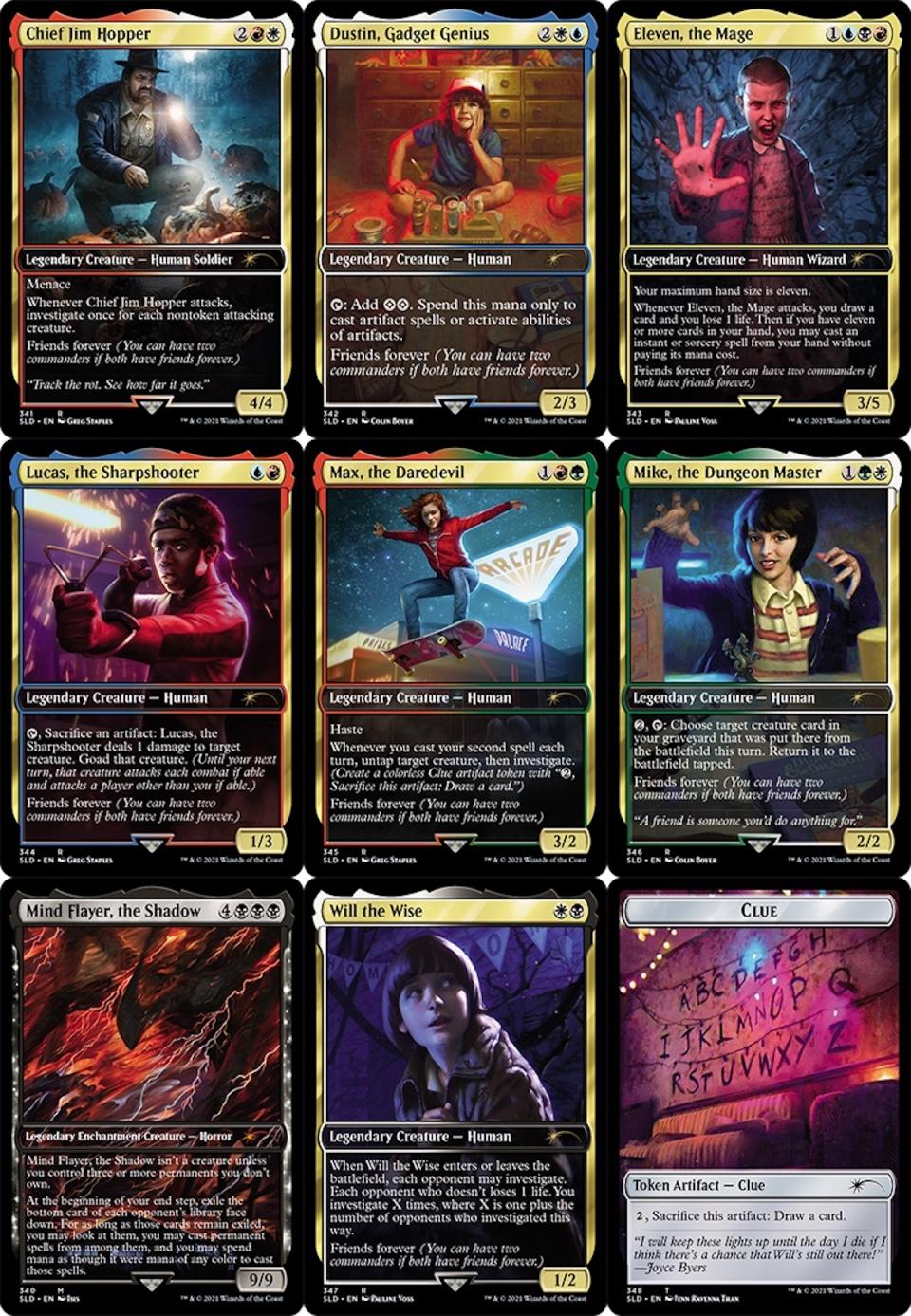 All nine of Magic: The Gathering's Stranger Things Magic cards featuring characters and monsters in a 3x3 setup 