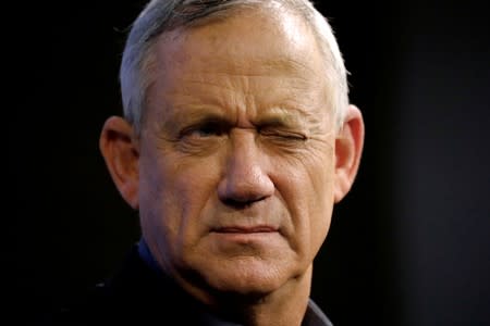 FILE PHOTO: Benny Gantz, leader of Blue and White party, speaks at an election campaign event in Ashkelon, Israel